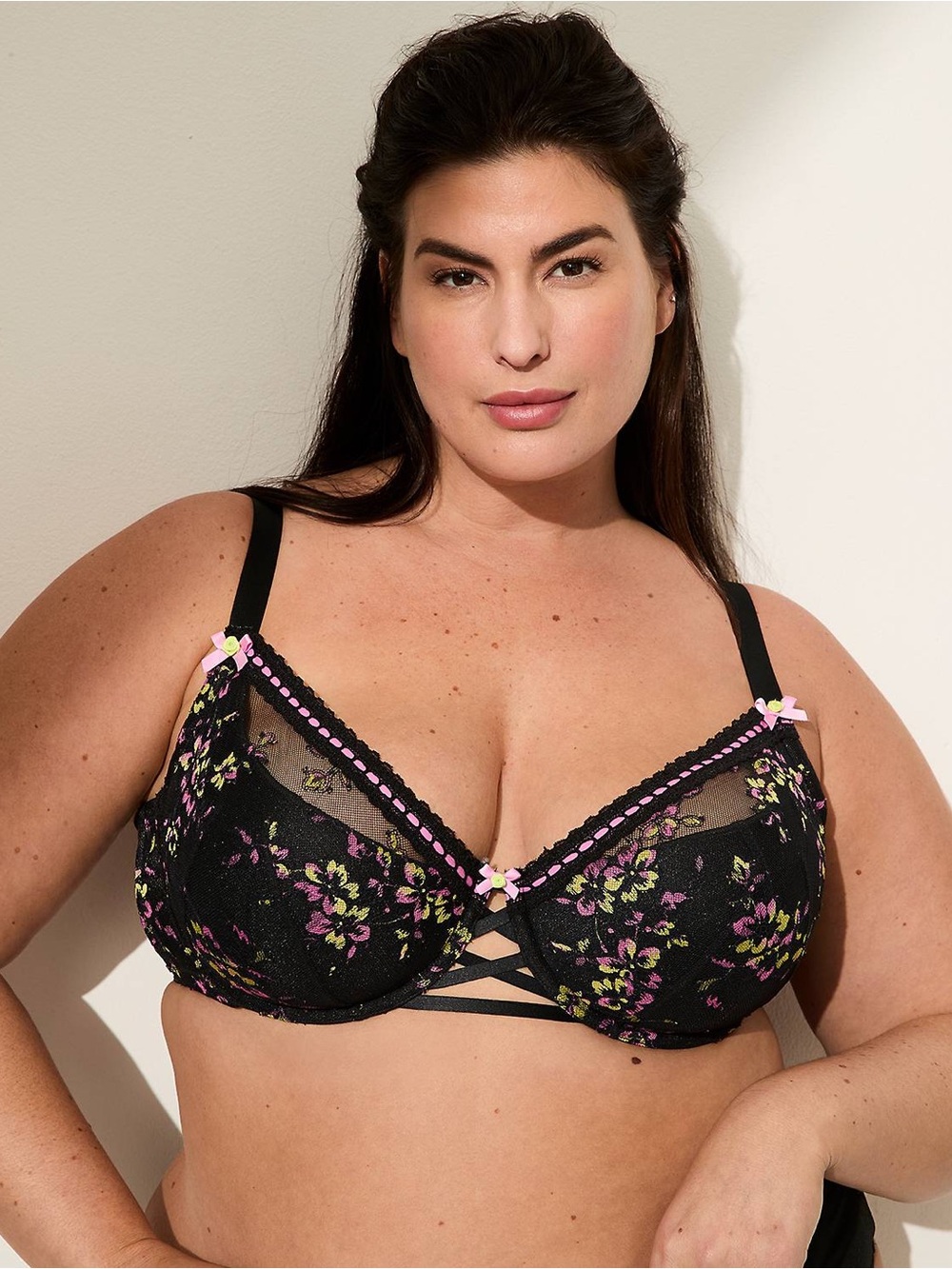 Lane Bryant Cacique Ribbon-Slot French Balconette Bra Black Floral Lace Pink 42D